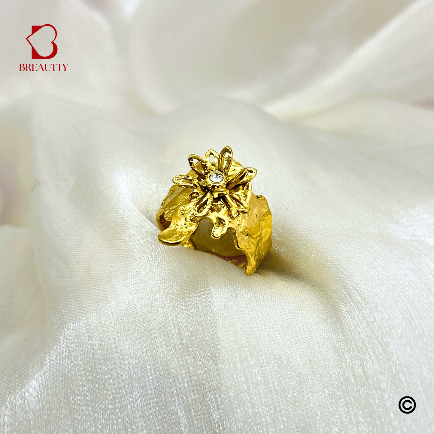BREAUTTY BLOOMING GLORY 18K GOLD PLATED FLORAL TEXTURED WATERPROOF RING – ADJUSTABLE