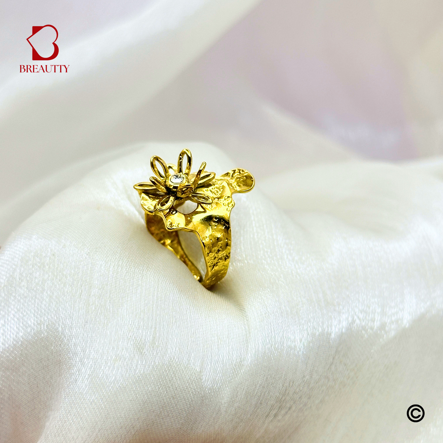 BREAUTTY BLOOMING GLORY 18K GOLD PLATED FLORAL TEXTURED WATERPROOF RING – ADJUSTABLE
