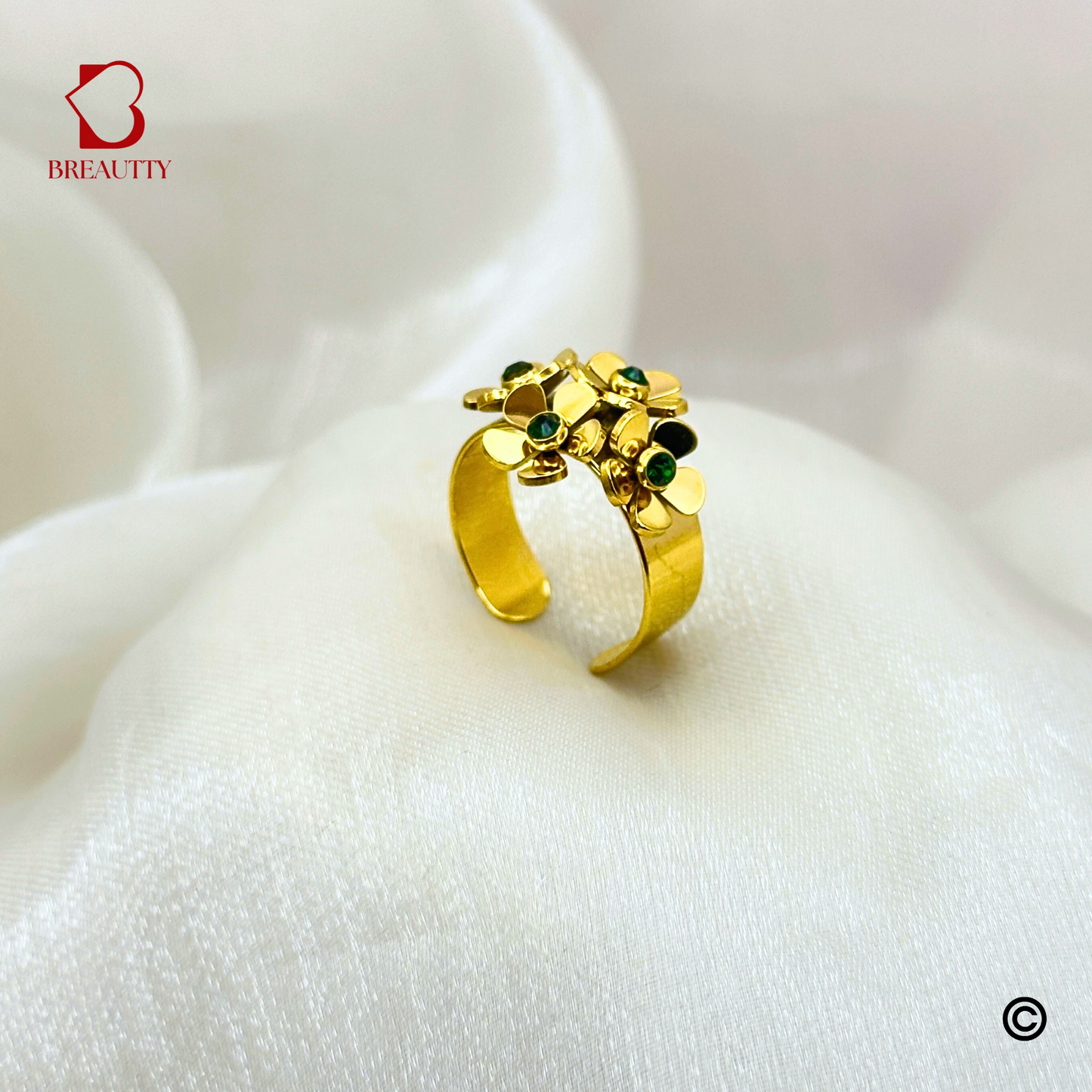 BREAUTTY BLOSSOM BOND 18K GOLD PLATED WATERPROOF LIGHTWEIGHT FLORAL RING – ADJUSTABLE