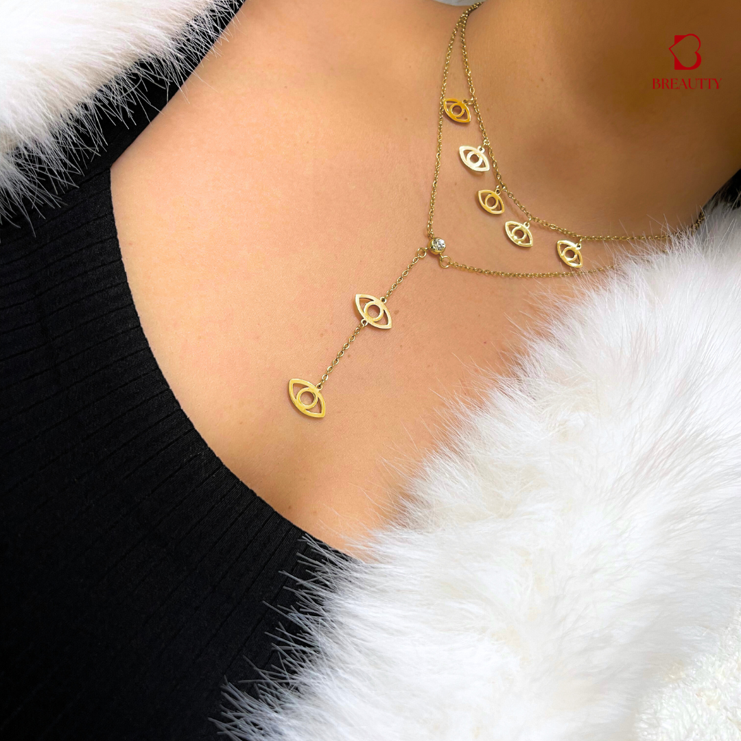 BREAUTTY DOUBLE-LAYER EVIL EYE CHAIN: LUXURIOUS 18K GOLD PLATED NECKPIECE