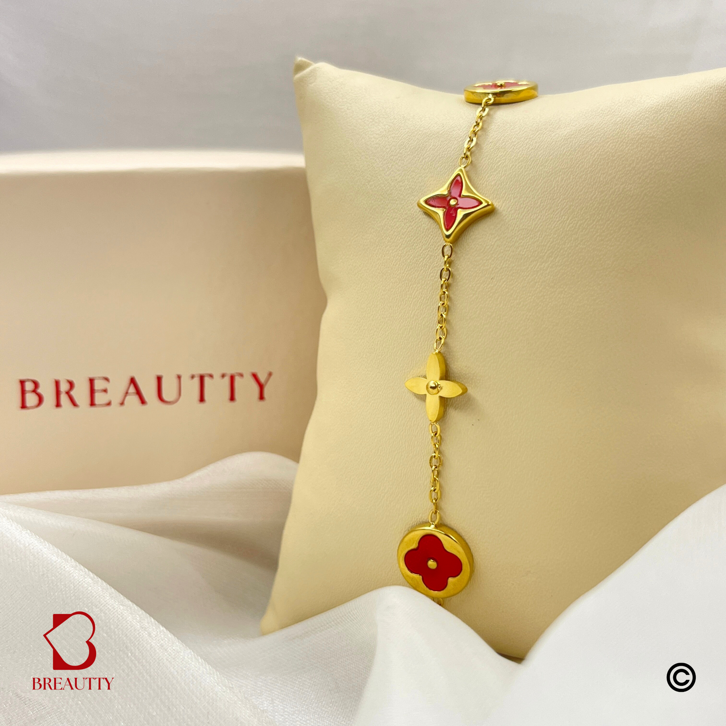 BREAUTTY 18K GOLD PLATED RED leef CLOVER BRACELET
