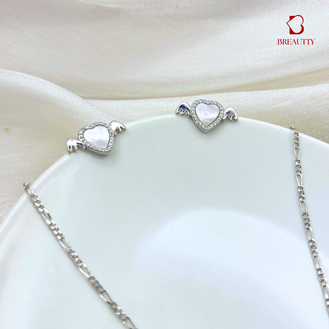 BREAUTTY 925 STERLING SILVER HEART WITH WINGS & MOP STONE PENDANT SET