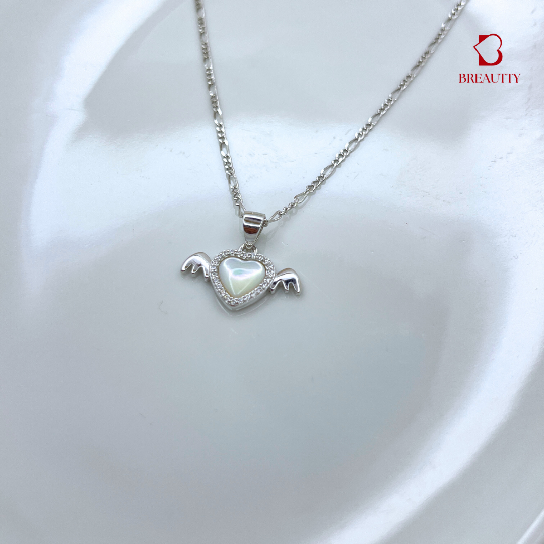 BREAUTTY 925 STERLING SILVER HEART WITH WINGS & MOP STONE PENDANT SET
