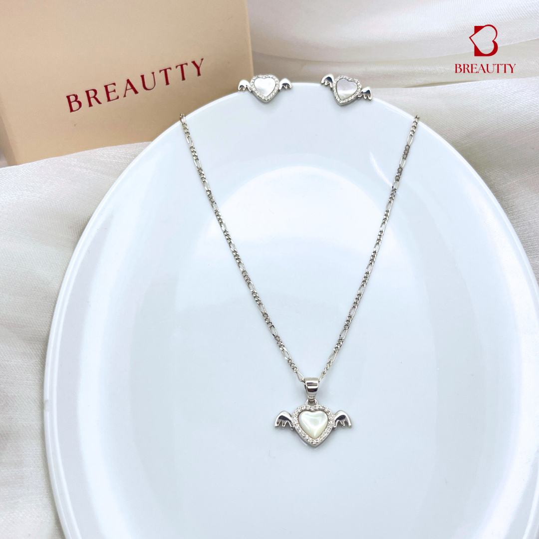BREAUTTY 925 STERLING SILVER HEART WITH WINGS & MOP STONE PENDANT SET
