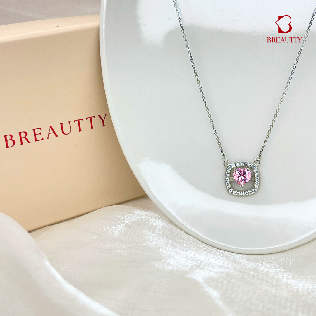 BREAUTTY PINK HEART IN SQUARE 925 STERLING SILVER NECKPIECE