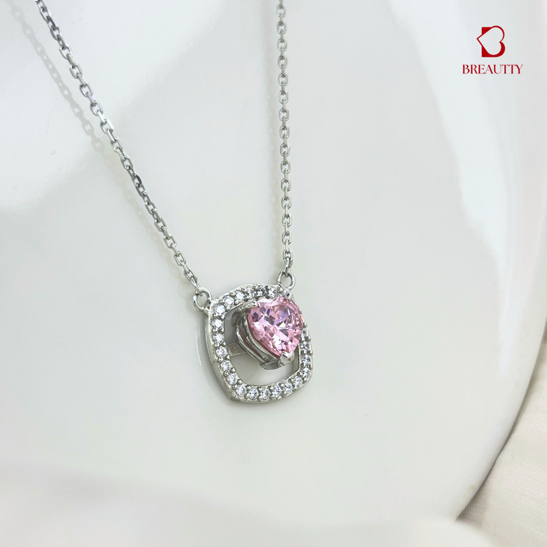 BREAUTTY PINK HEART IN SQUARE 925 STERLING SILVER NECKPIECE