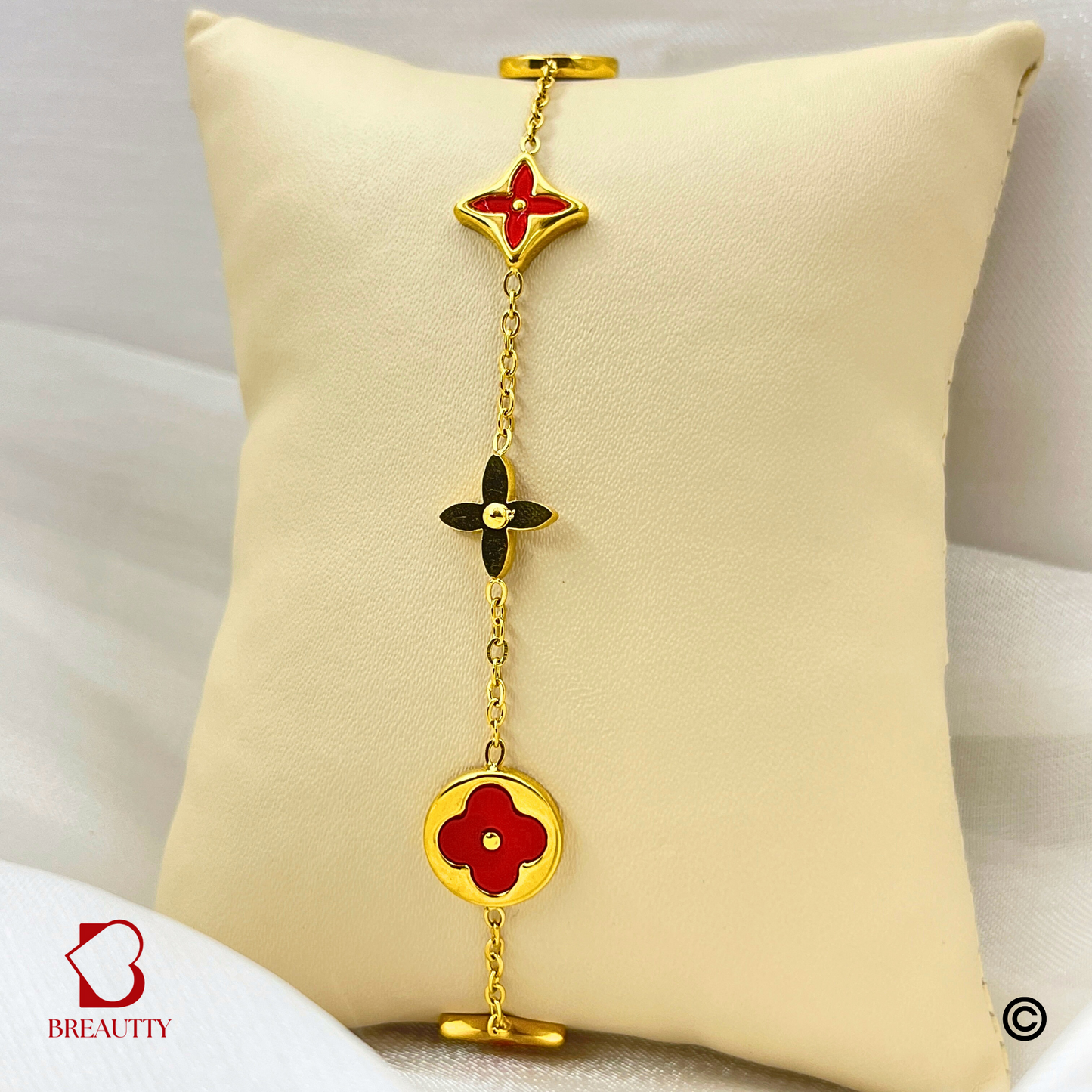 BREAUTTY 18K GOLD PLATED RED leef CLOVER BRACELET