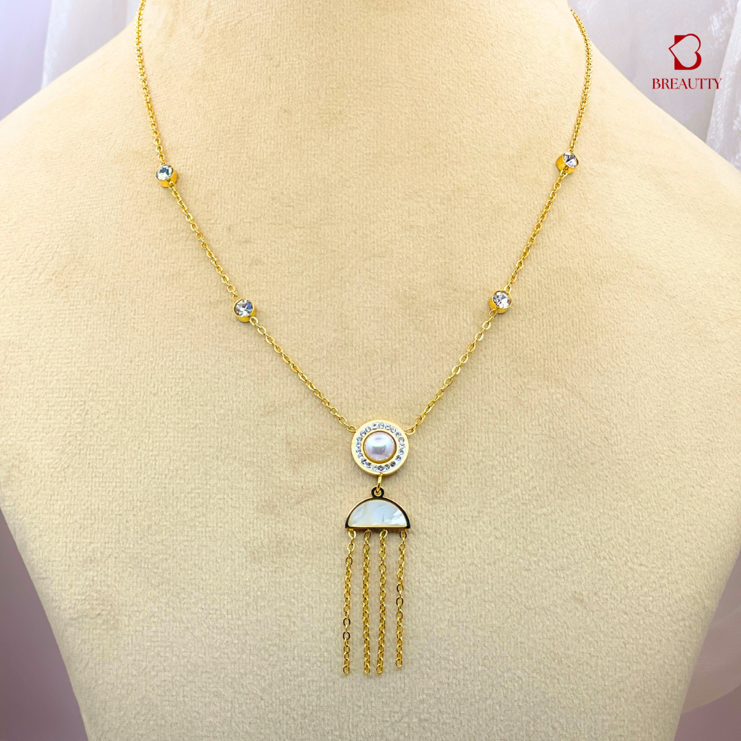 BREAUTTY STAINLESS STEEL GOLD PLATED TASSEL NECKPIECE WITH MOP STONE |WATERPROOF
