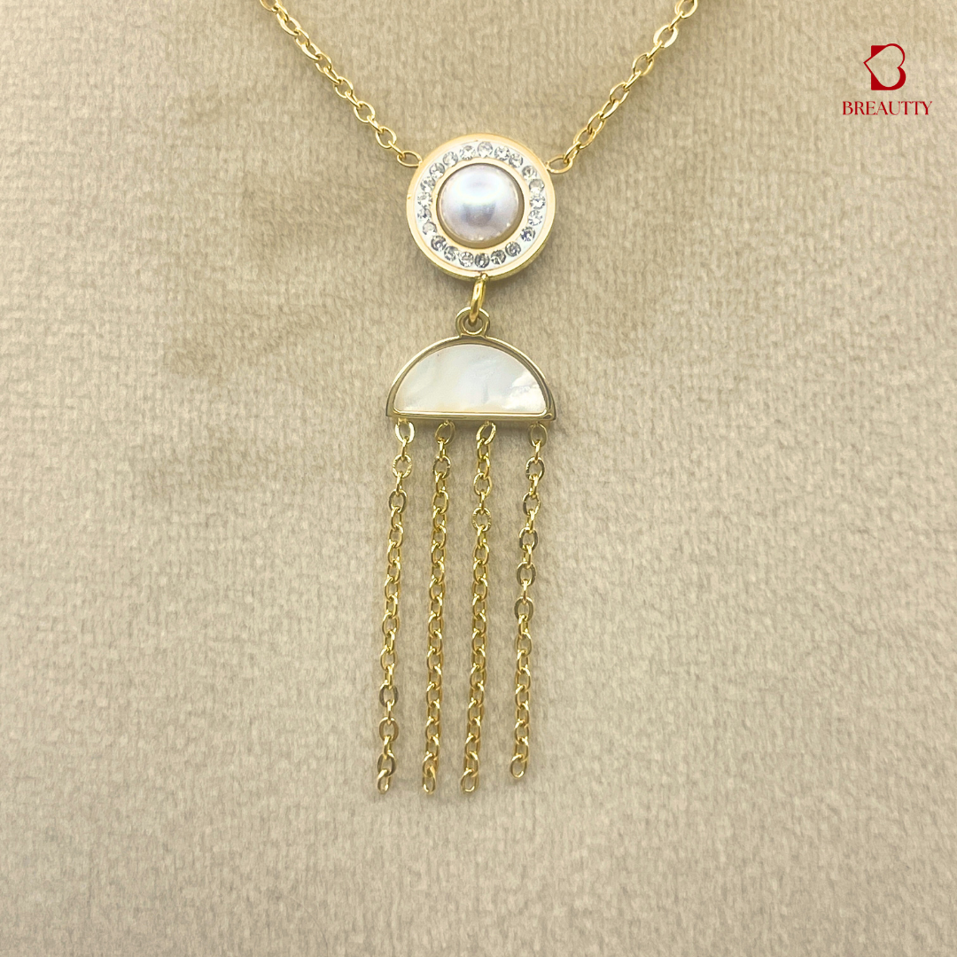 BREAUTTY STAINLESS STEEL GOLD PLATED TASSEL NECKPIECE WITH MOP STONE |WATERPROOF