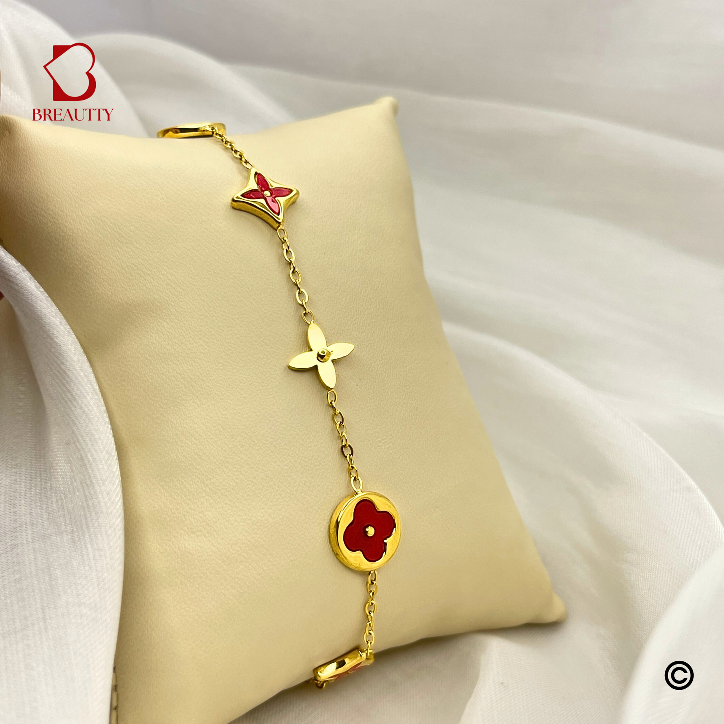 BREAUTTY 18K GOLD PLATED RED leef CLOVER BRACELET