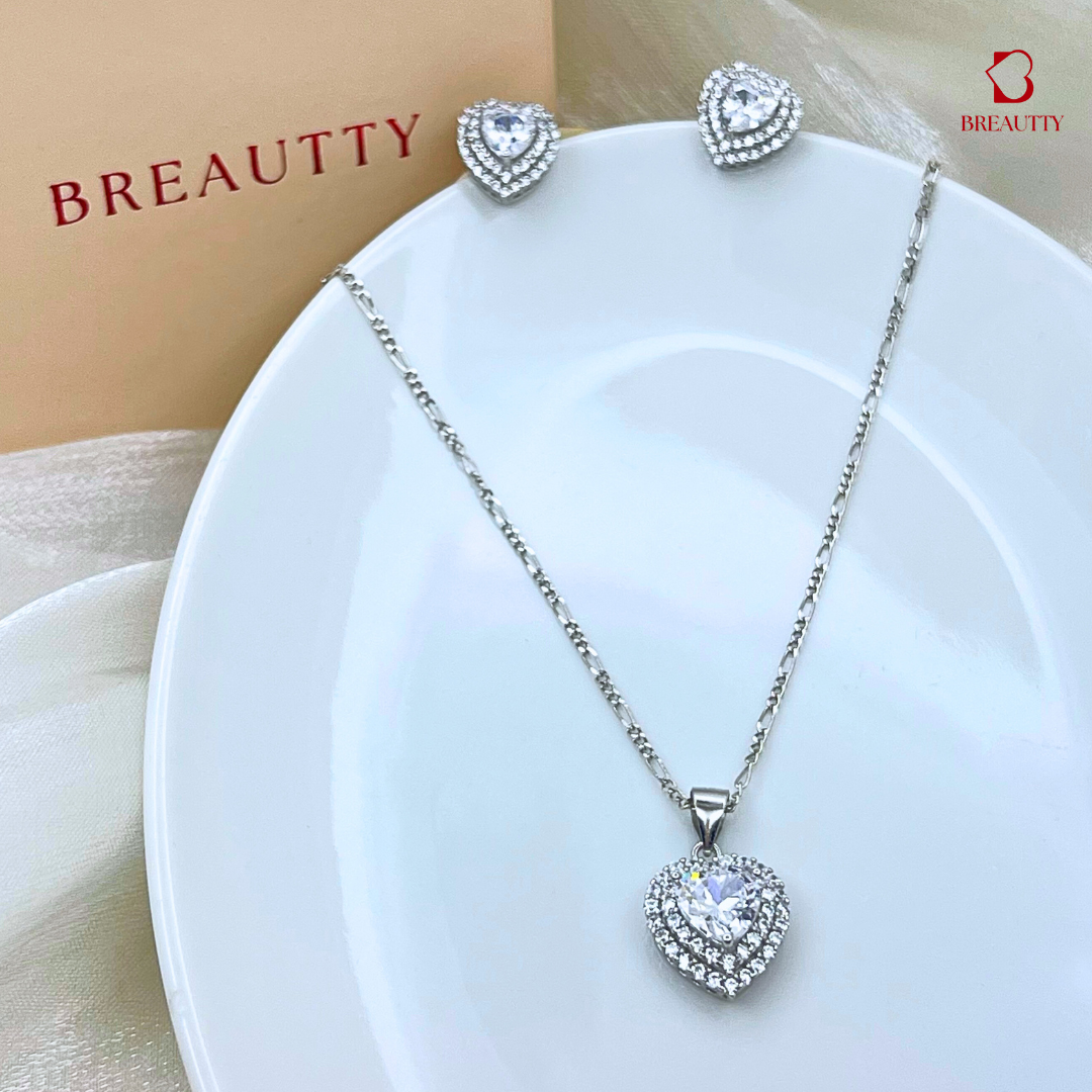 925 sterling silver heart chain and earring set