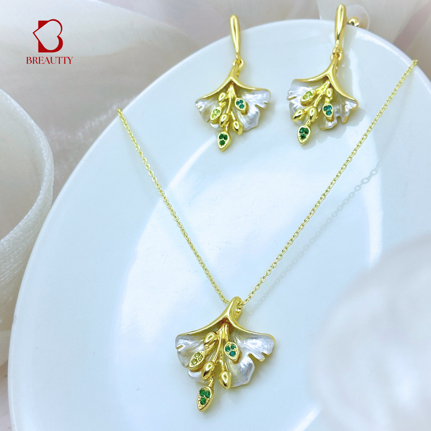 BREAUTTY GINKGO LEAF PENDANT SET – 18K GOLD PLATED WITH MOTHER OF PEARL & GREEN ZIRCON ACCENTS