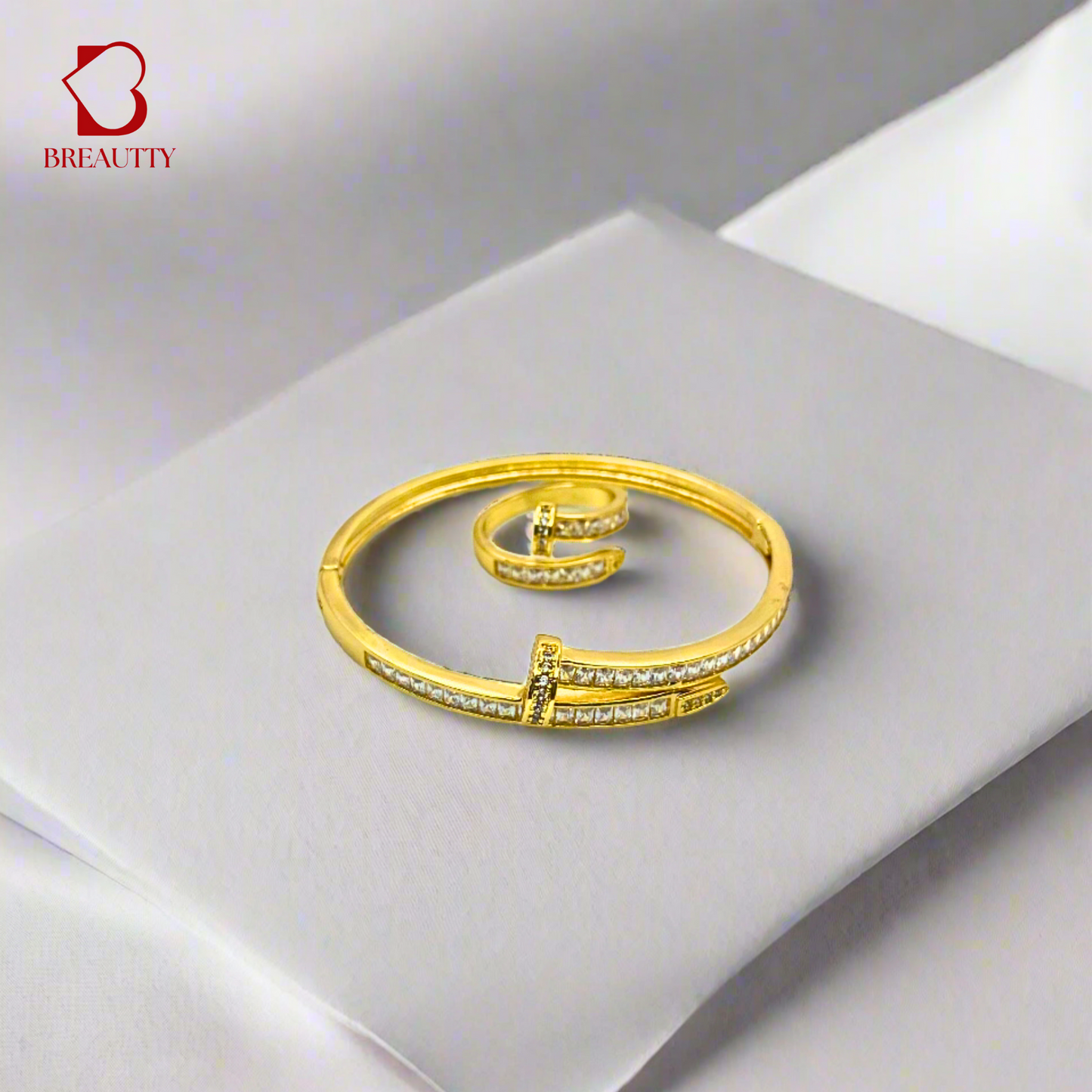 BREAUTTY GOLD-PLATED NAIL DESIGN BRACELET WITH RING