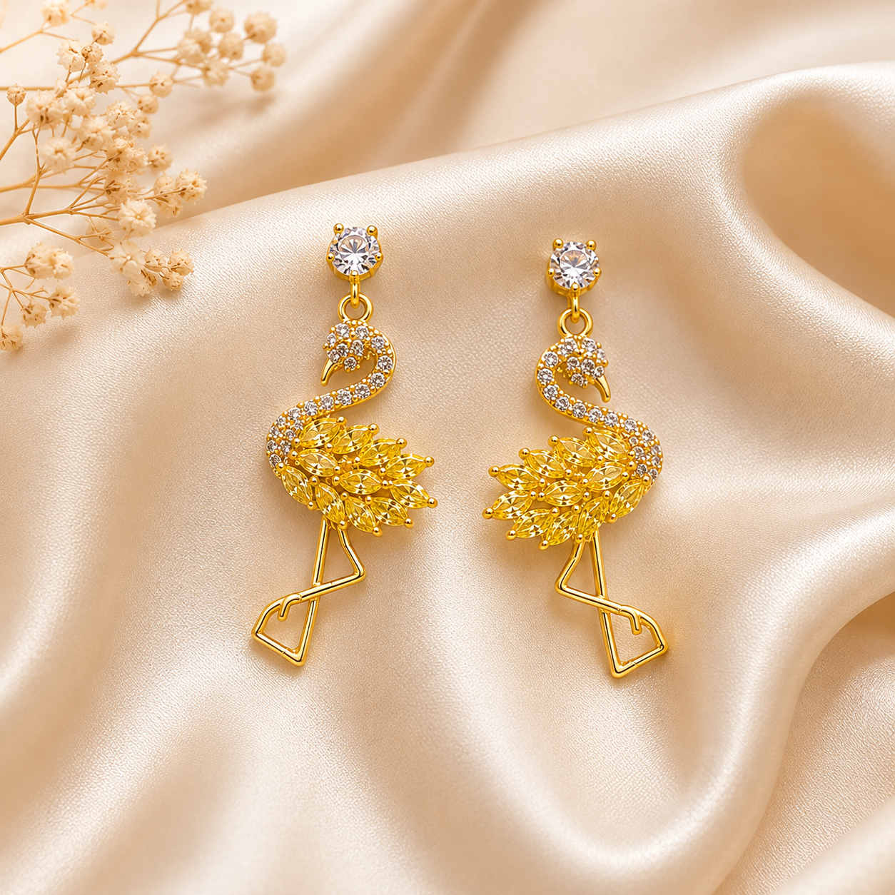 BREAUTTY GOLDEN FLAMINGO EARRINGS – GOLD PLATED CRYSTAL STATEMENT EARRINGS FOR WOMEN