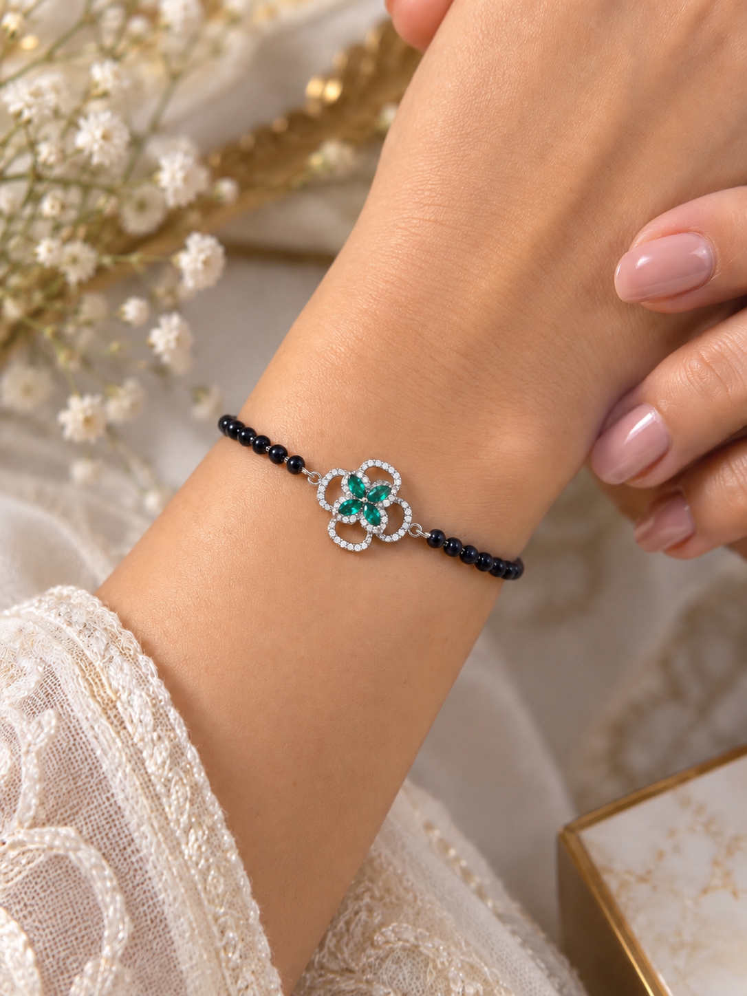 BREAUTTY EMERALD BLOOM 92.5 STERLING SILVER HAND MANGALSUTRA