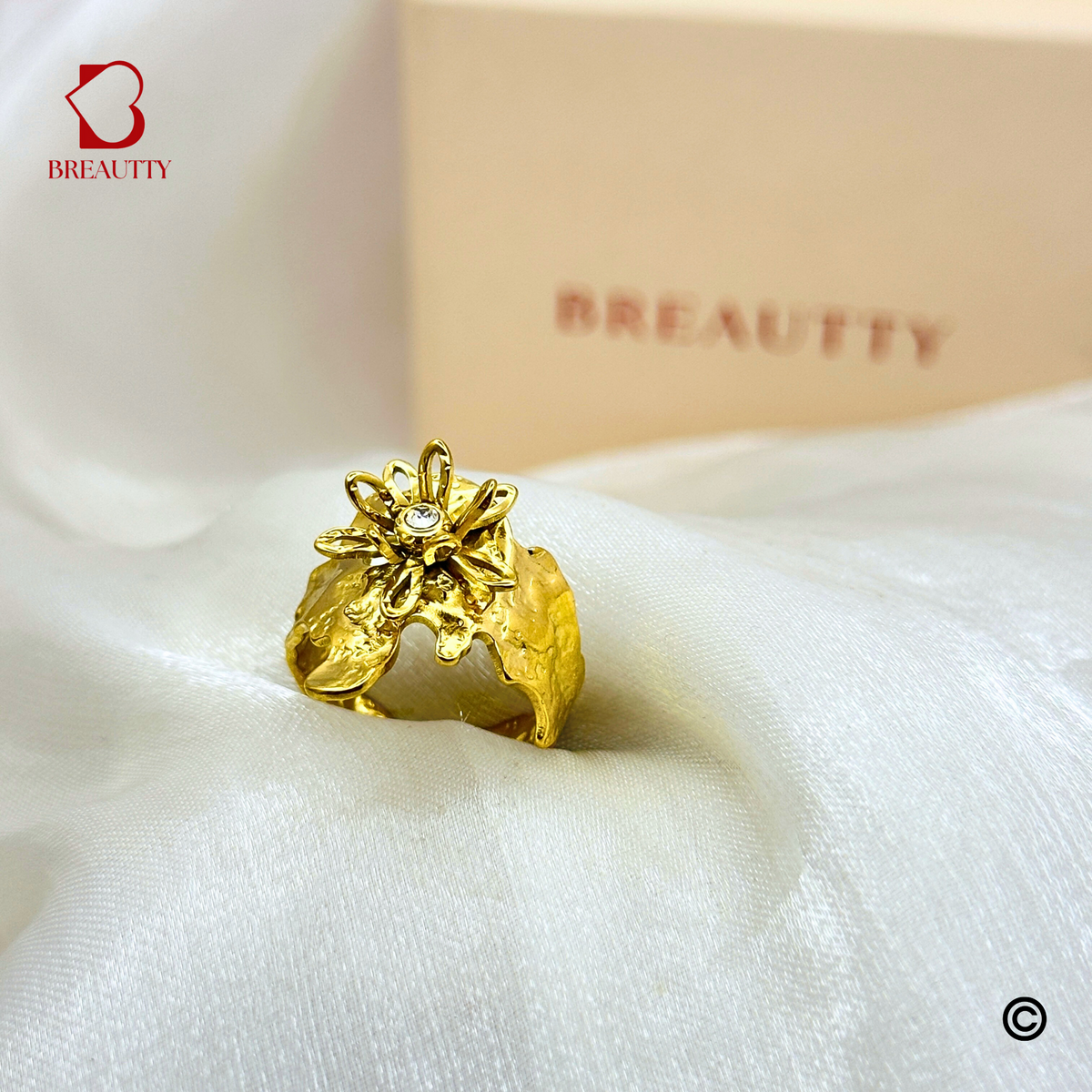 BREAUTTY BLOOMING GLORY 18K GOLD PLATED FLORAL TEXTURED WATERPROOF RING – ADJUSTABLE