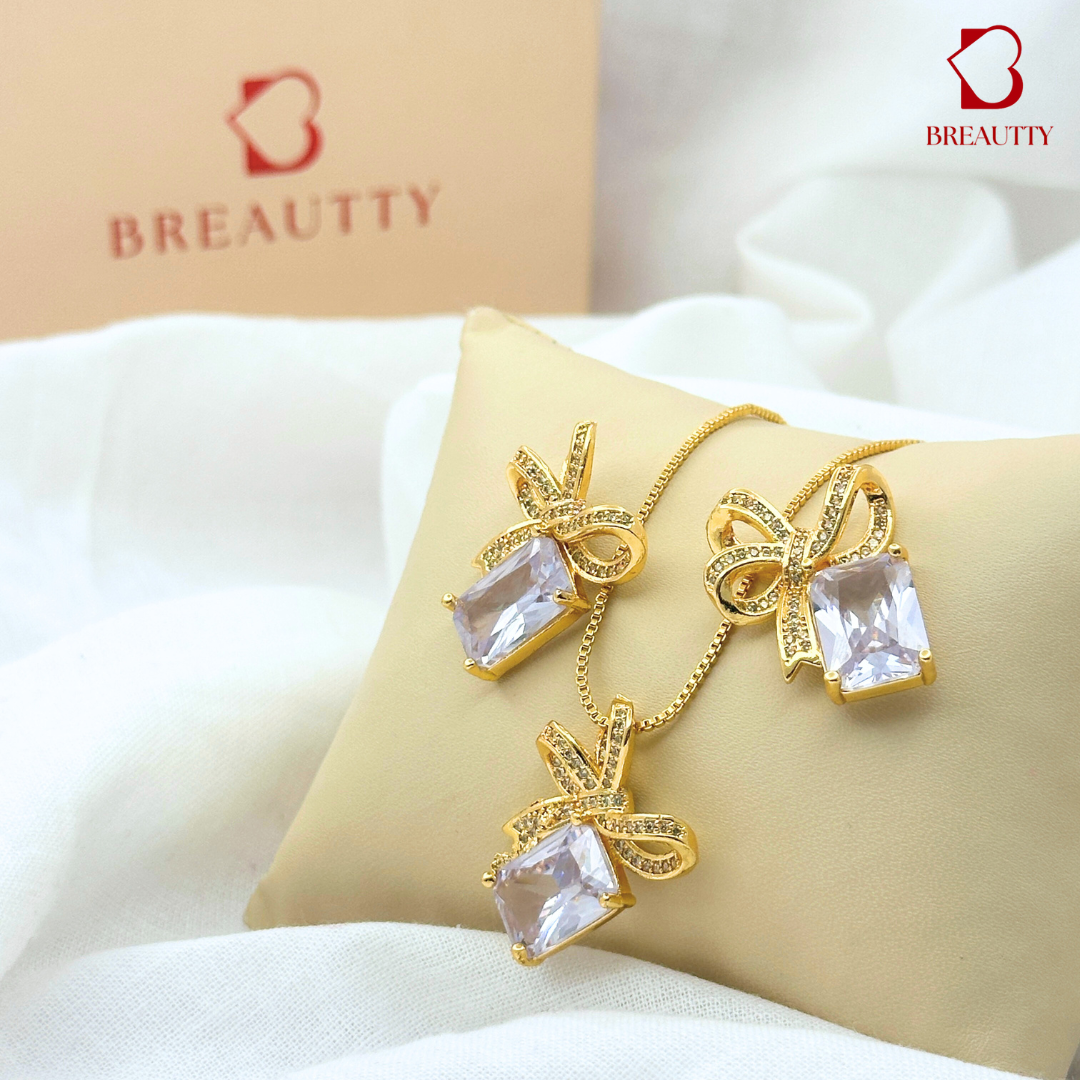 BREAUTTY WHITE SQUARE STONE BOW PENDANT SET