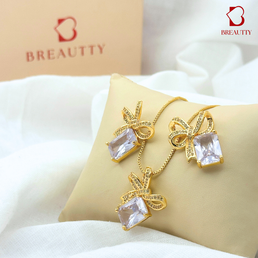 BREAUTTY WHITE SQUARE STONE BOW PENDANT SET