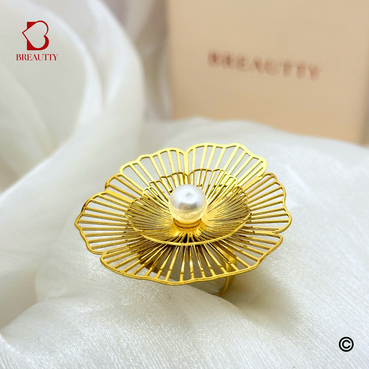 BREAUTTY GOLDEN 2D BIG FLOWER WITH PEARL RING | ADJUSTABLE