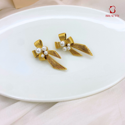 BREAUTTY 18K GOLD PLATED BOW WITH PEARL EARRINGS