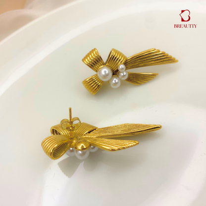 BREAUTTY 18K GOLD PLATED BOW WITH PEARL EARRINGS