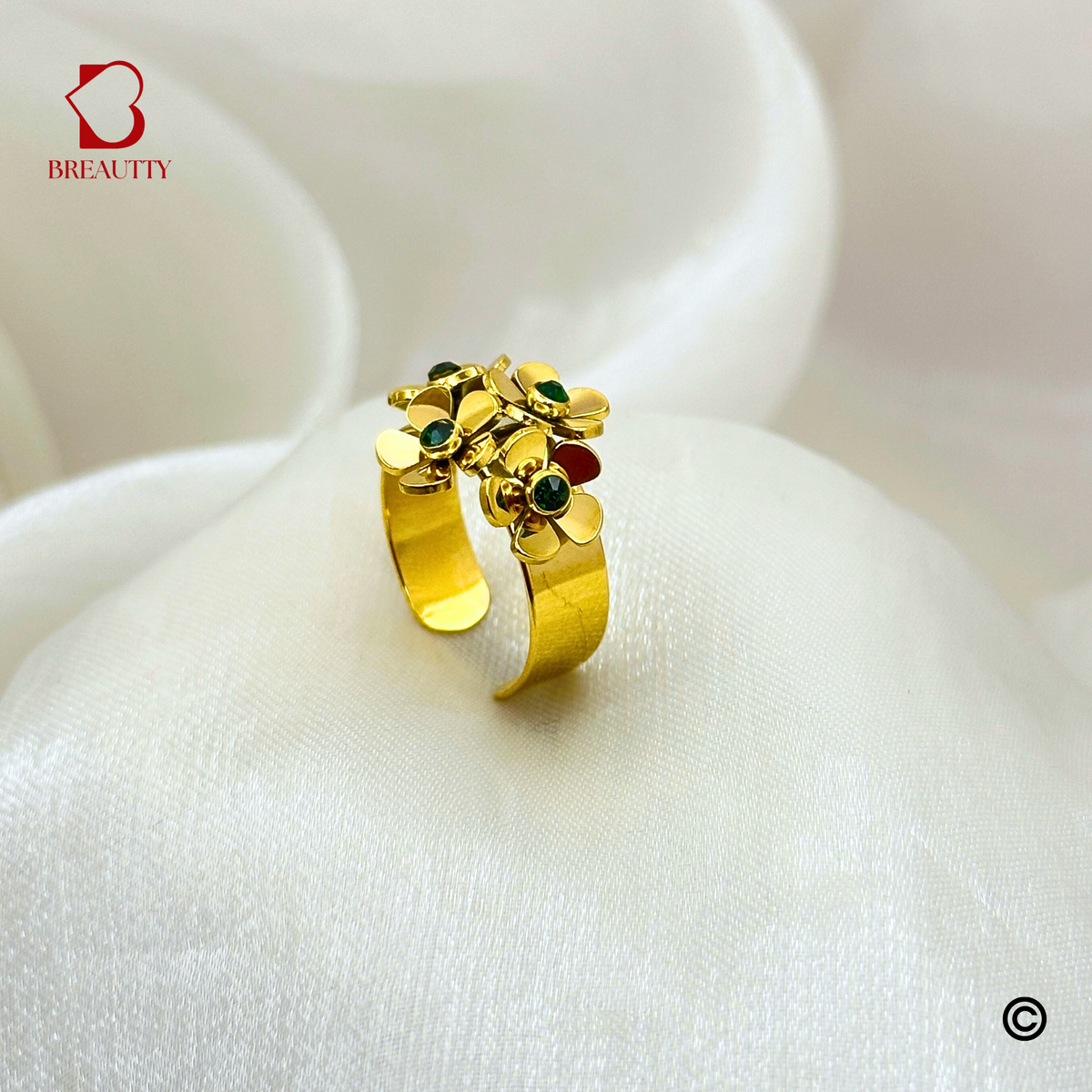 BREAUTTY BLOSSOM BOND 18K GOLD PLATED WATERPROOF LIGHTWEIGHT FLORAL RING – ADJUSTABLE