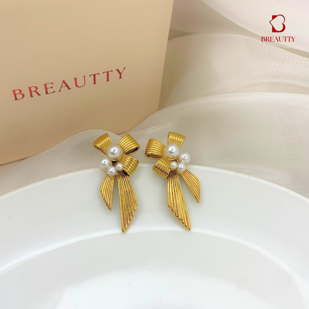 BREAUTTY 18K GOLD PLATED BOW WITH PEARL EARRINGS