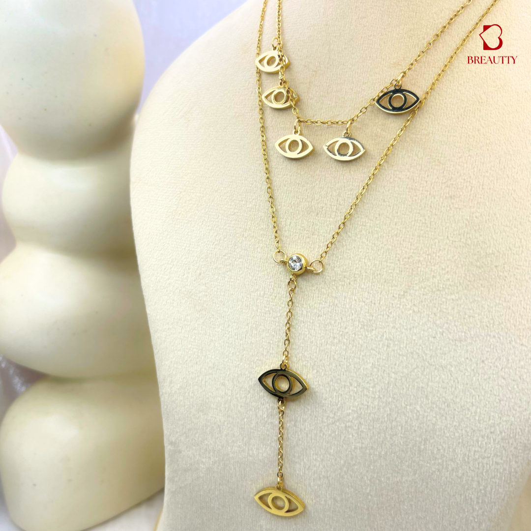 BREAUTTY DOUBLE-LAYER EVIL EYE CHAIN: LUXURIOUS 18K GOLD PLATED NECKPIECE