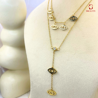 BREAUTTY DOUBLE-LAYER EVIL EYE CHAIN: LUXURIOUS 18K GOLD PLATED NECKPIECE