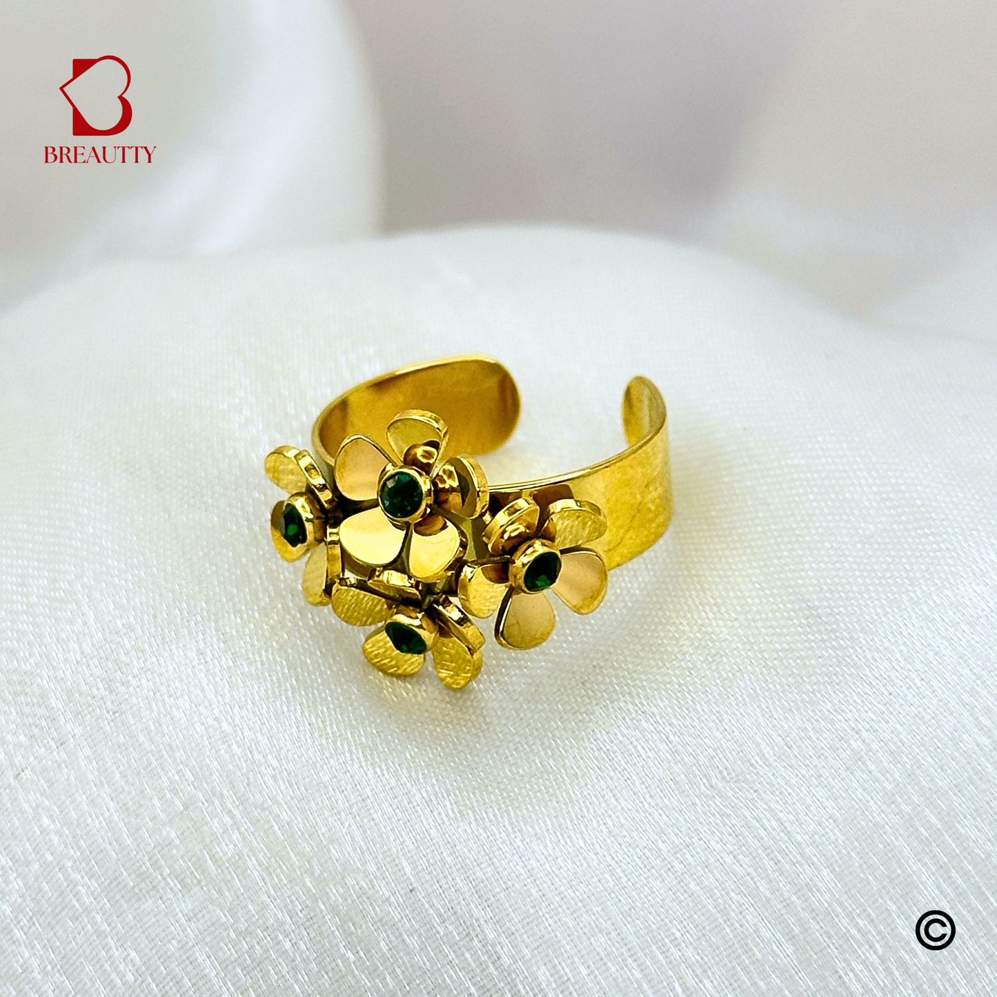 BREAUTTY BLOSSOM BOND 18K GOLD PLATED WATERPROOF LIGHTWEIGHT FLORAL RING – ADJUSTABLE