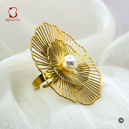 BREAUTTY GOLDEN 2D BIG FLOWER WITH PEARL RING | ADJUSTABLE
