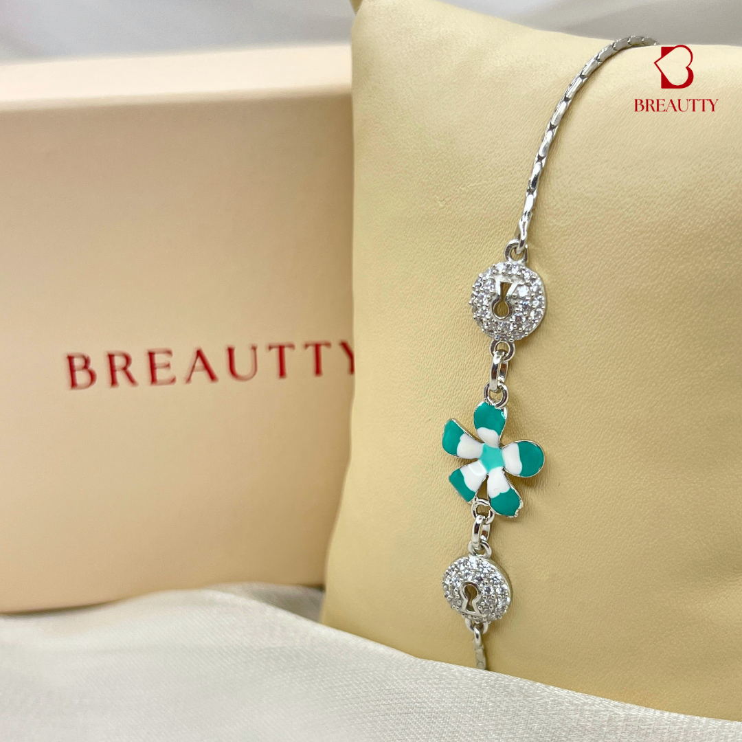 BREAUTTY PURE 92.5 STERLING SILVER GREEN FLOWER WITH LOCK DESIGN BRACELET