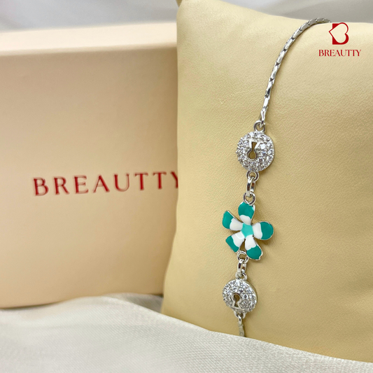 BREAUTTY PURE 92.5 STERLING SILVER GREEN FLOWER WITH LOCK DESIGN BRACELET