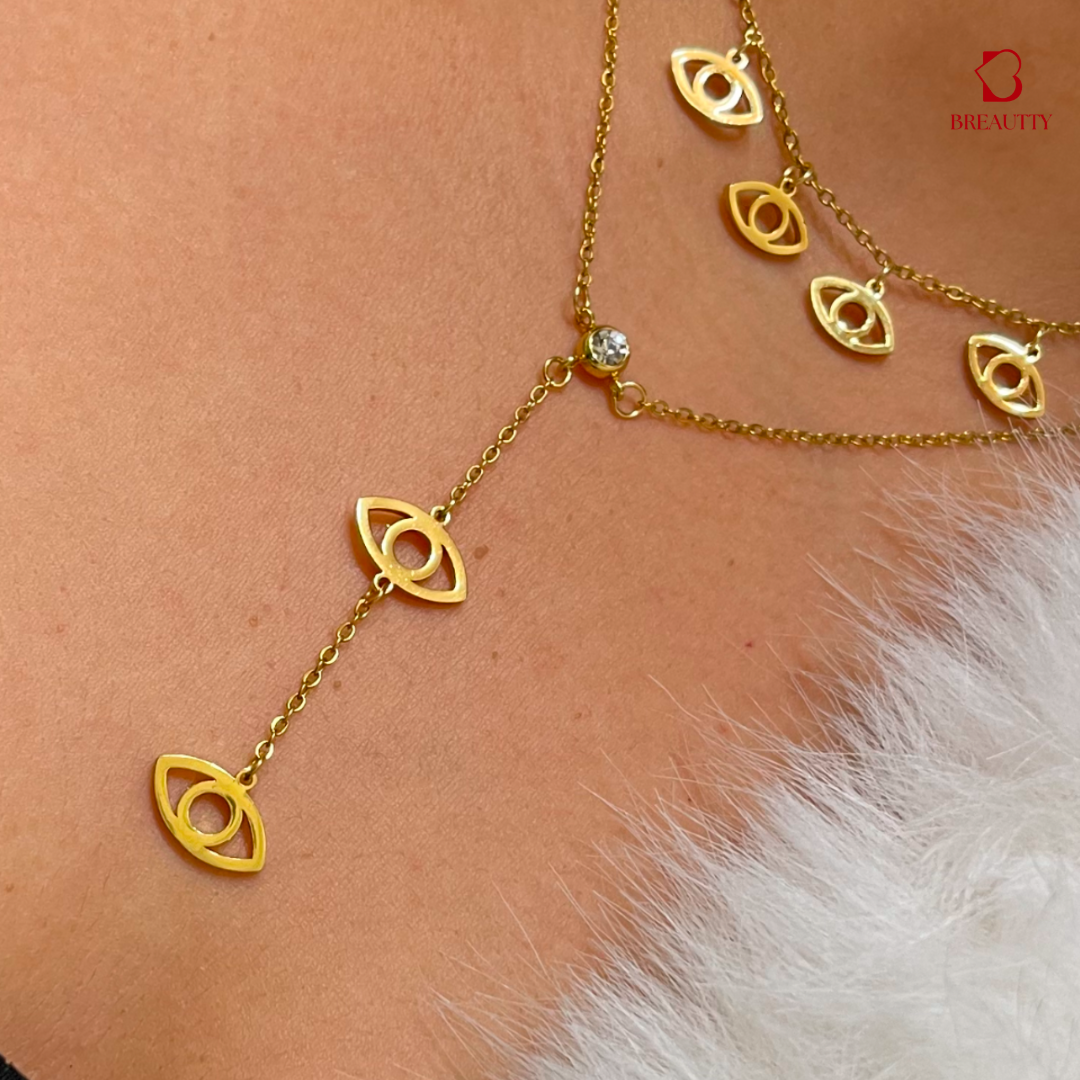 BREAUTTY DOUBLE-LAYER EVIL EYE CHAIN: LUXURIOUS 18K GOLD PLATED NECKPIECE