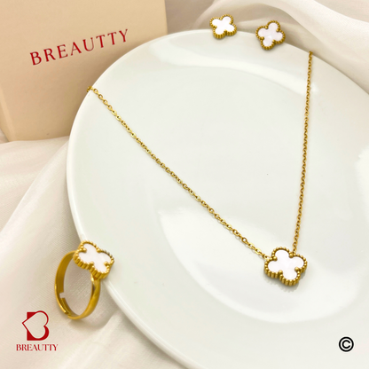 BREAUTTY 18K GOLD PLATED  CLEEF WITH WHITE CLOVER PENDANT SET WITH RING