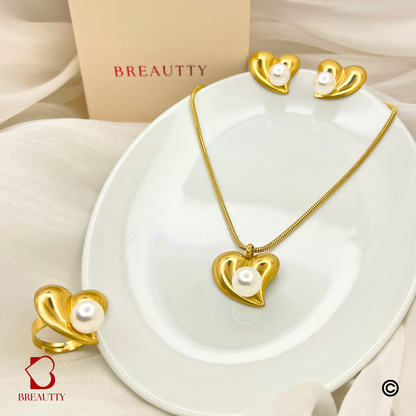 BREAUTTY 18K GOLD PLATED HEART AND PEARL PENDANT SET WITH RING