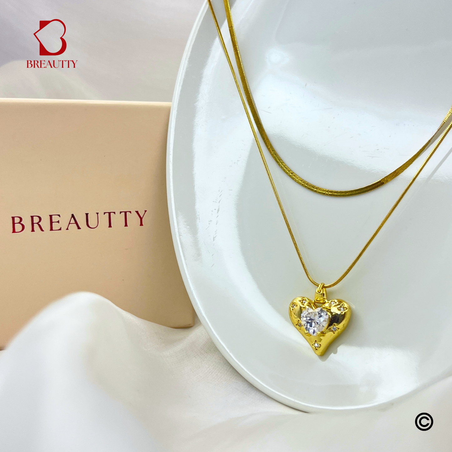 BREAUTTY 18K GOLD PLATED ROMANTIC HEART DOUBLE CHAIN NECKLACE