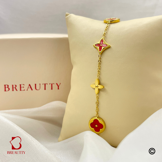 BREAUTTY 18K GOLD PLATED RED  leef CLOVER BRACELET