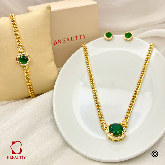 BREAUTTY 18K GOLD PLATED EMERALD STONE GOLDEN PENDANT SET