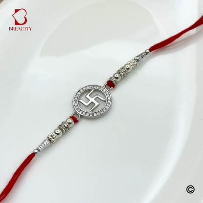 BREAUTTY RAKSHA BANDHAN 925 STERLING SILVER RAKHI  "SWASTIK"  WITH RED THREAD  | HALLMARKED SILVER  RAKHI