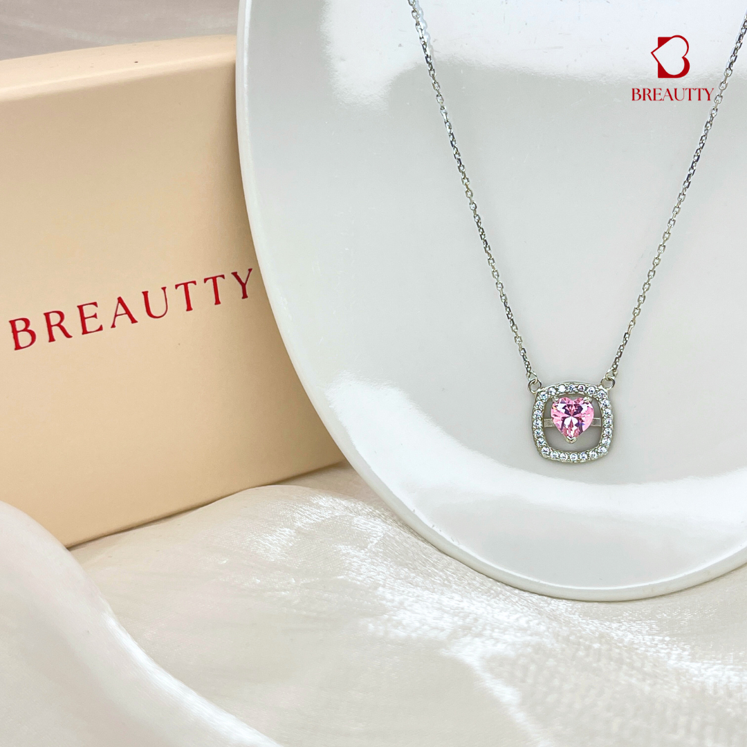 BREAUTTY PINK HEART  IN SQUARE 925 STERLING SILVER NECKPIECE