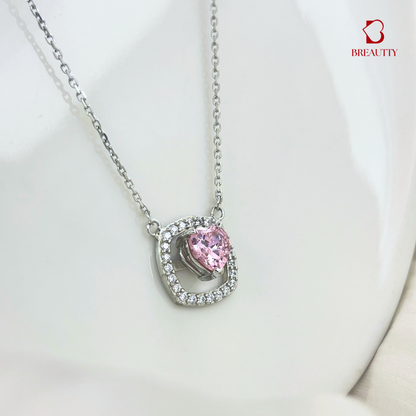 BREAUTTY PINK HEART  IN SQUARE 925 STERLING SILVER NECKPIECE