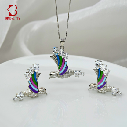 BREAUTTY 925 STERLING SILVER RAINBOW HUMMINGBIRD PENDANT SET