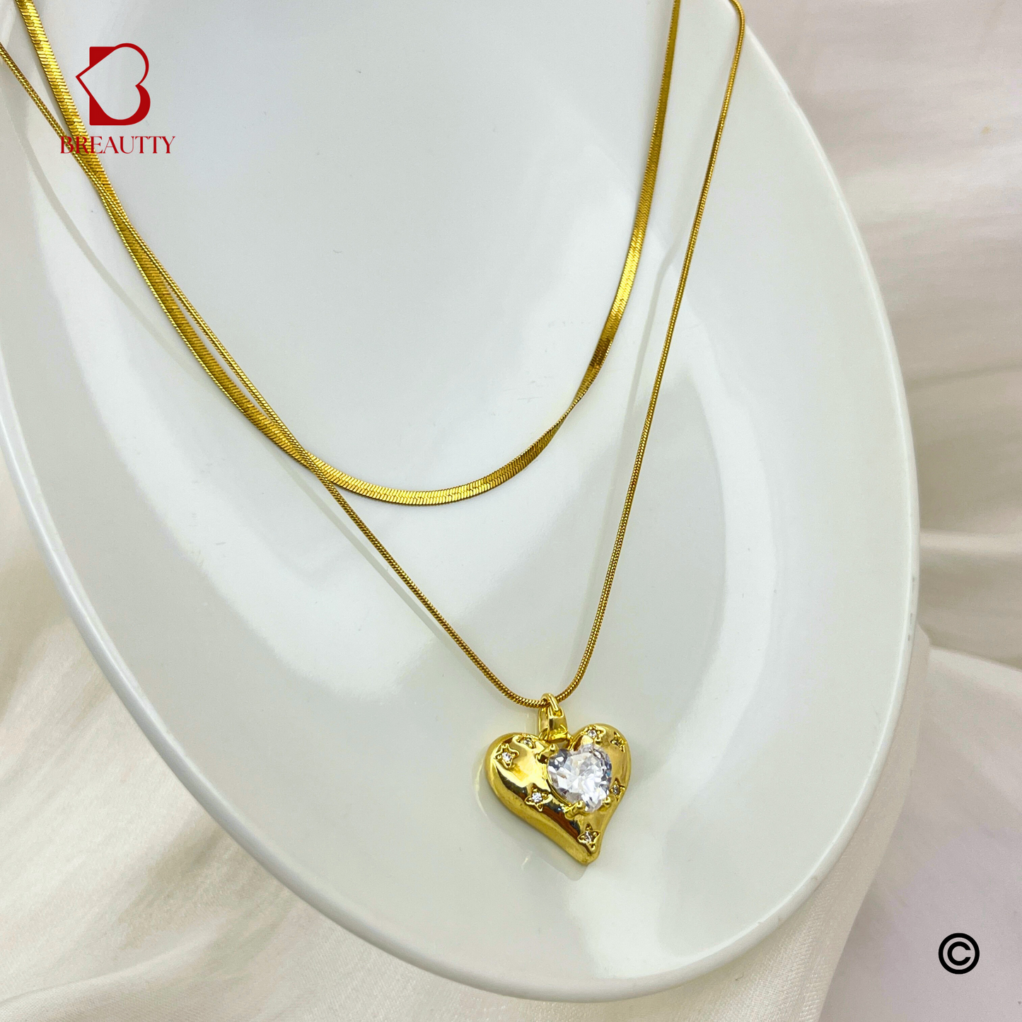 BREAUTTY 18K GOLD PLATED ROMANTIC HEART DOUBLE CHAIN NECKLACE