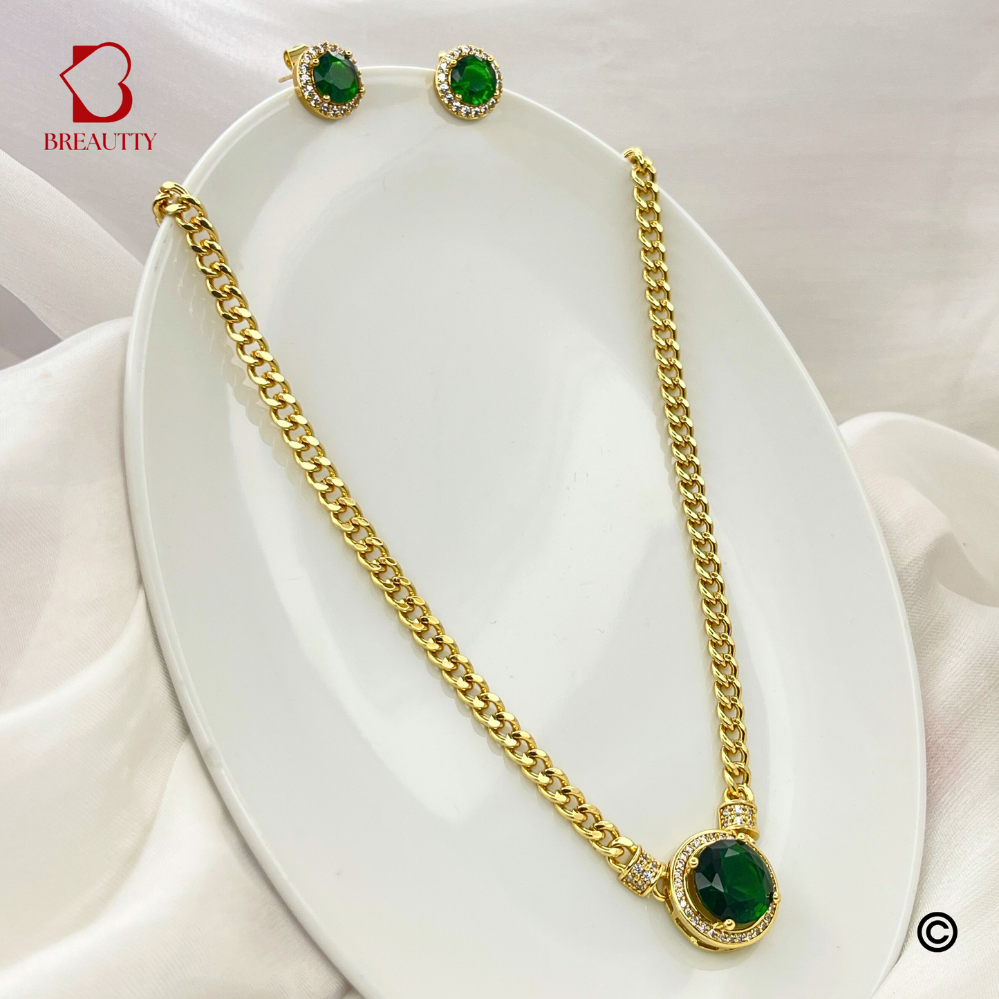 BREAUTTY 18K GOLD PLATED EMERALD STONE GOLDEN PENDANT SET