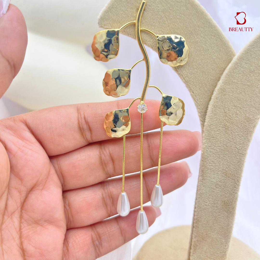 BREAUTTY 18K GOLD PLATED LEAF PETAL EARRINGS WITH PEARL: LUXURY STATEMENT JEWELRY FOR WOMEN