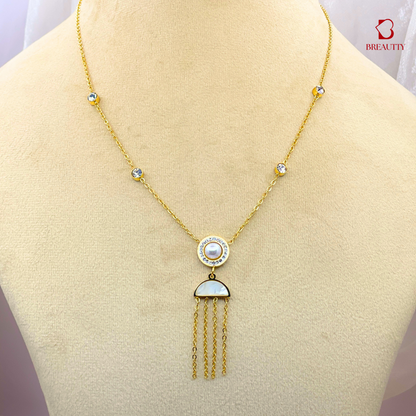 BREAUTTY STAINLESS STEEL GOLD PLATED TASSEL NECKPIECE WITH MOP STONE |WATERPROOF