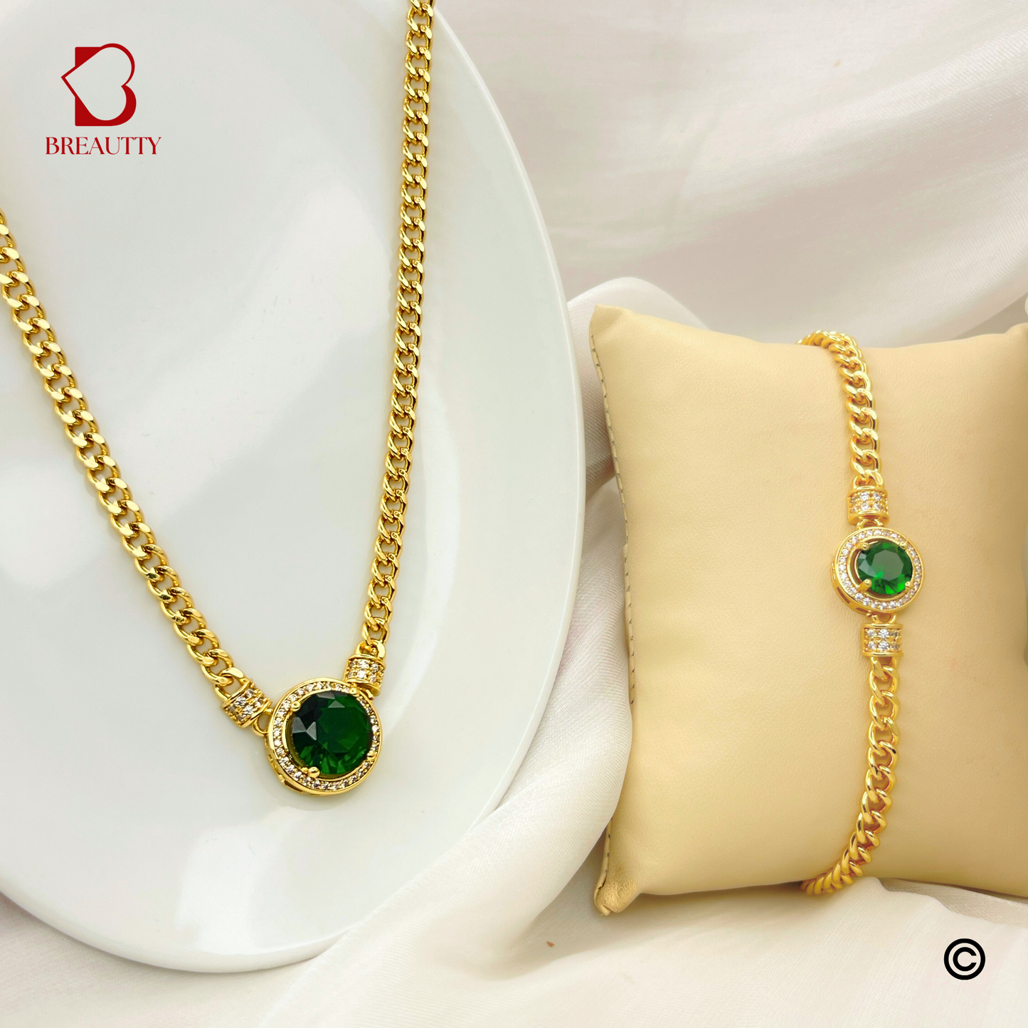 BREAUTTY 18K GOLD PLATED EMERALD STONE GOLDEN PENDANT SET