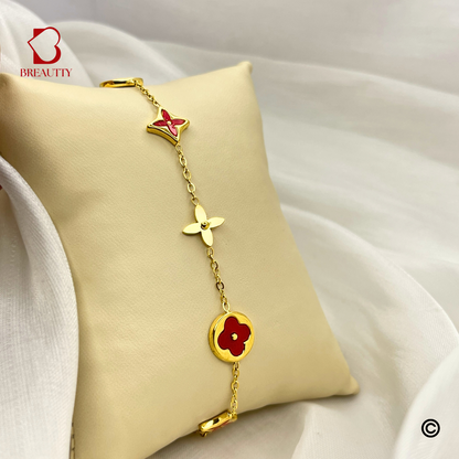 BREAUTTY 18K GOLD PLATED RED  leef CLOVER BRACELET