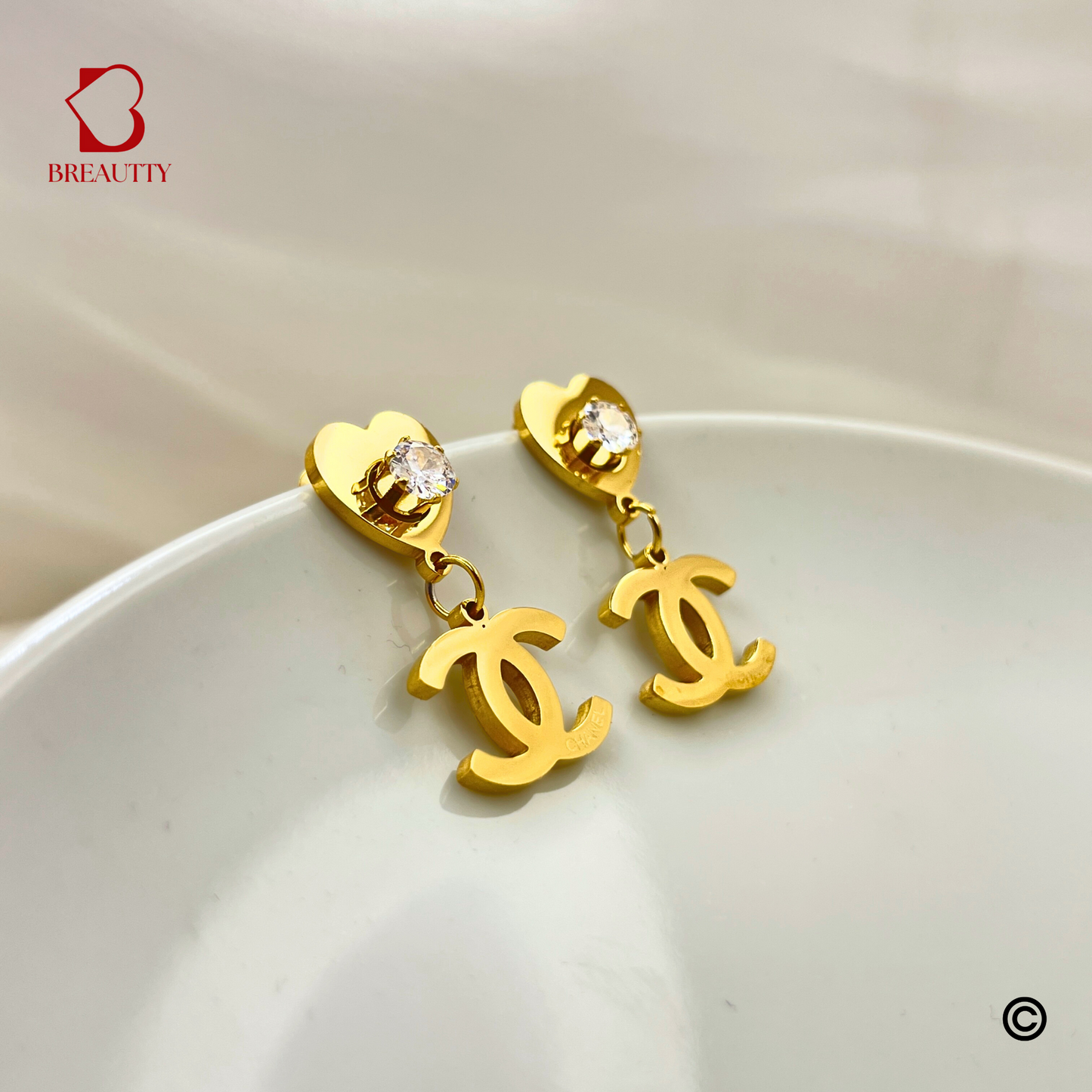 BREAUTTY 18K GOLD PLATED CHANEL INSPIRED WITH HEART EARRING